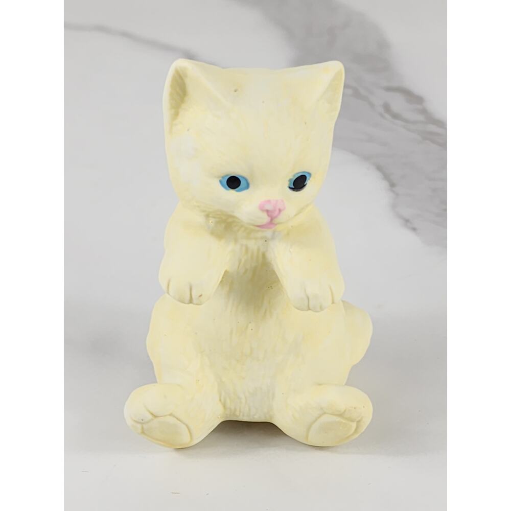 Kitty Cat Sitting Mini Figurine Yellow Ceramic 3 3/4" Blue Eyes Pink Nose 90s
